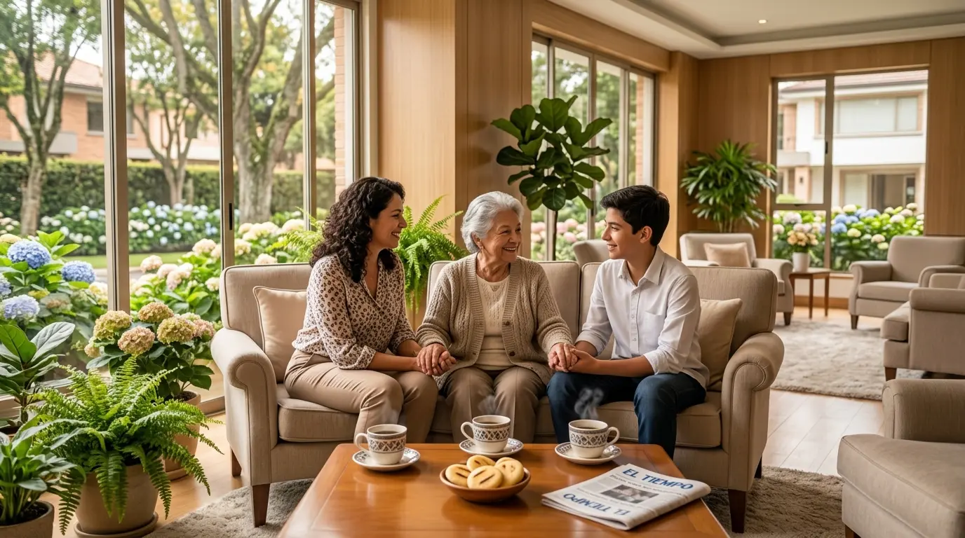 Familia visitando a su madre en Casaviva, hogar geriátrico en el norte de Bogotá