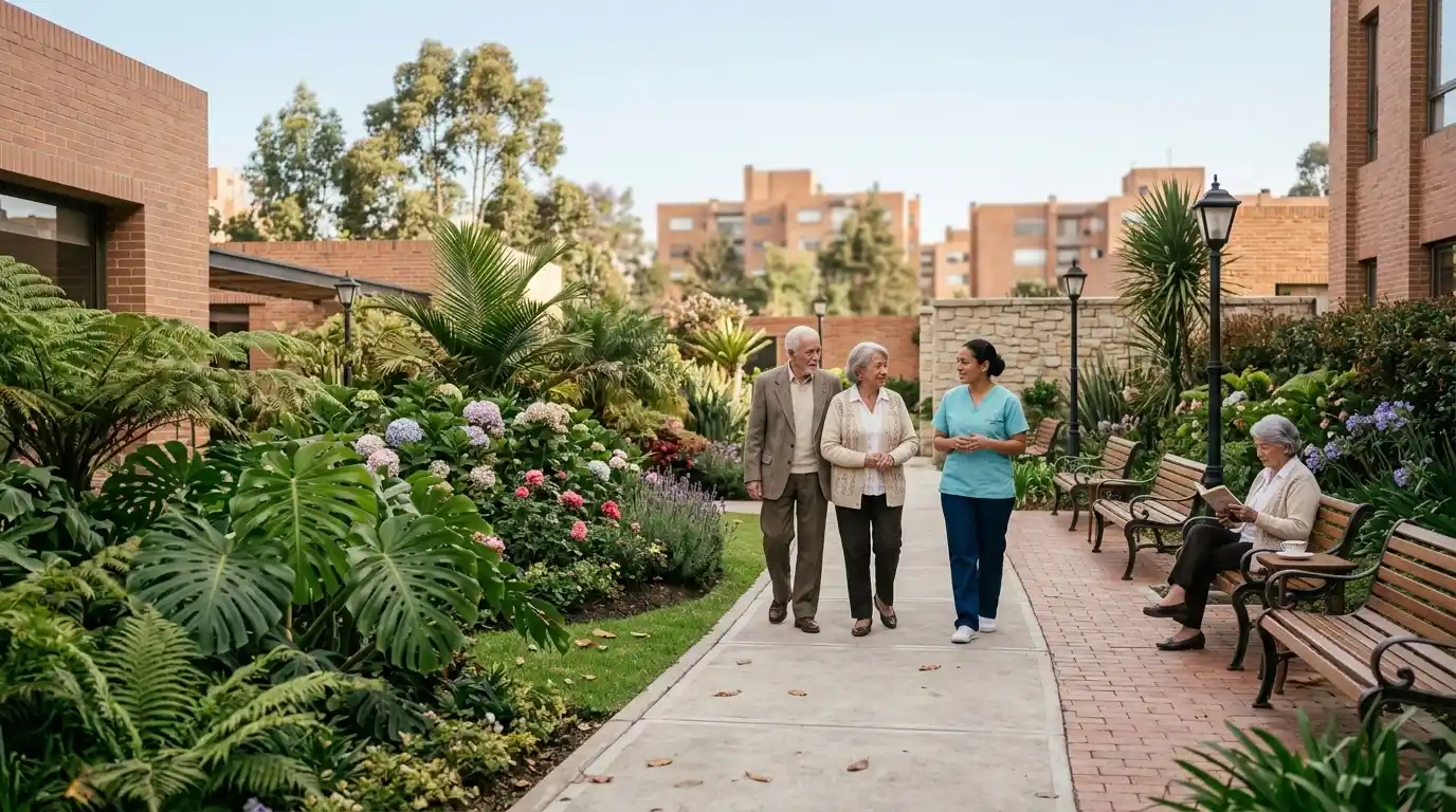 Jardín y zonas verdes del hogar geriátrico Casaviva en Usaquén, norte de Bogotá