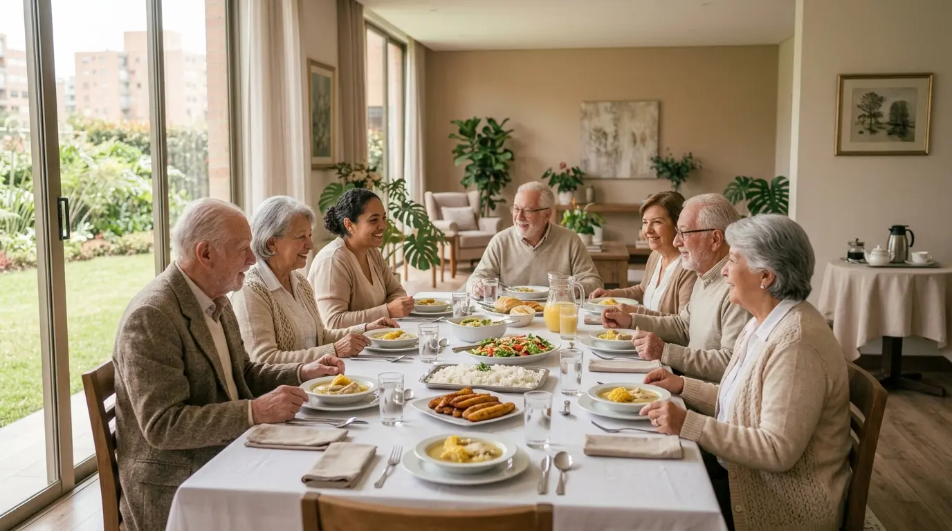 Adultos mayores compartiendo el almuerzo en el comedor de Casaviva Hogares Geriátricos