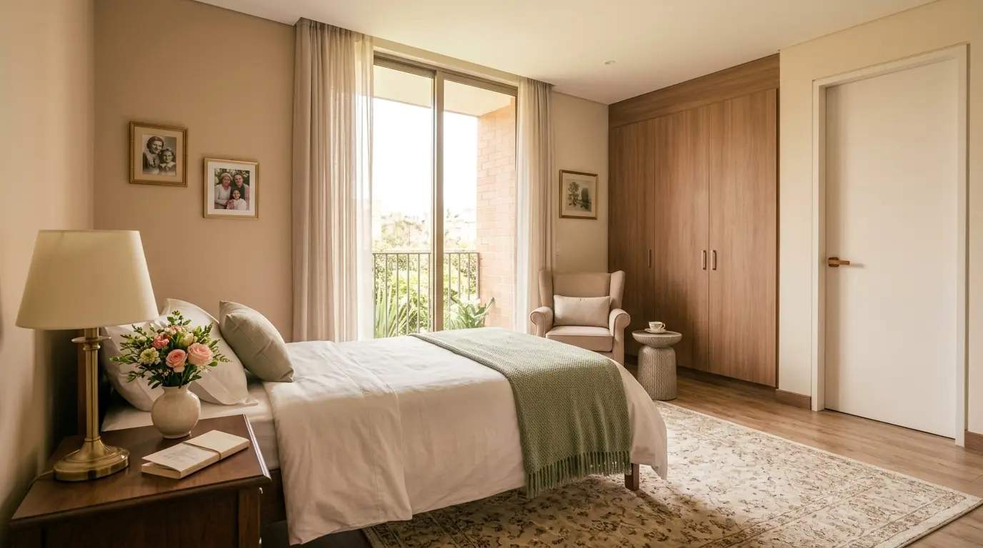 Habitación individual con baño privado en Casaviva, hogar geriátrico en el norte de Bogotá